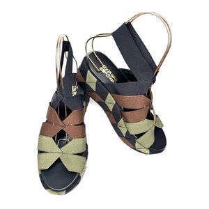 Salvatore Ferragamo 10 C Elettra Elastic Strap Platform Sandals Green Brown